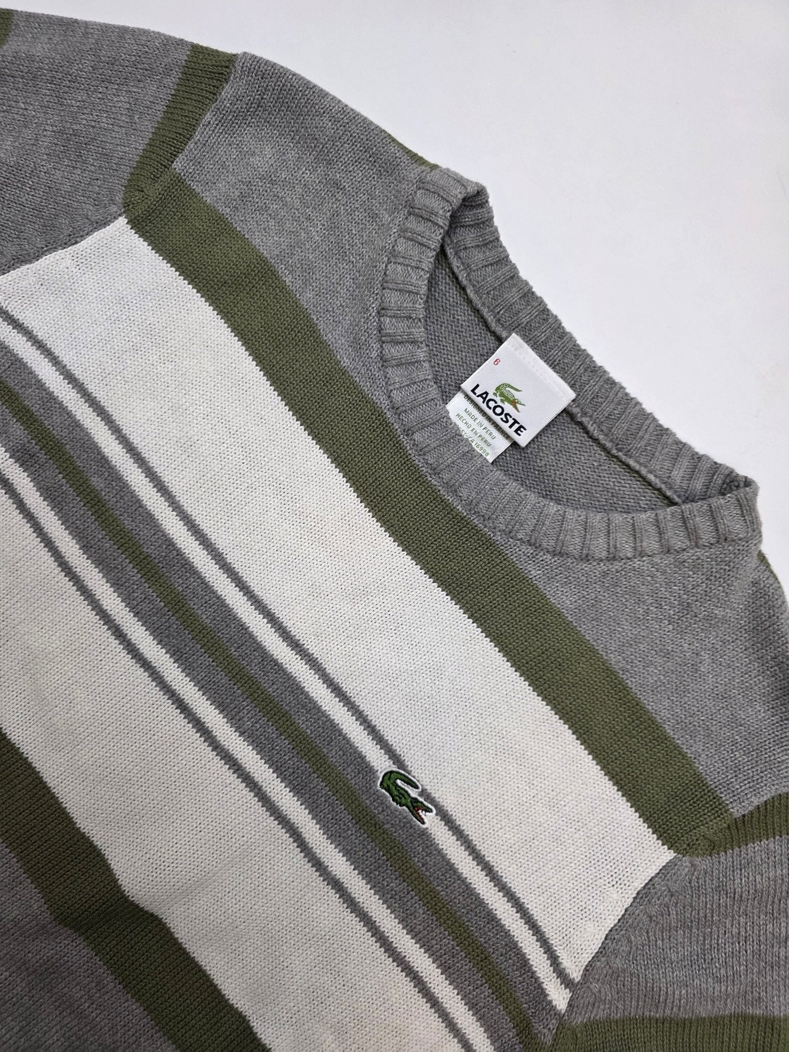 Lacoste Streifen Vintage Strickpullover – Grau (M) - PKeyVintage