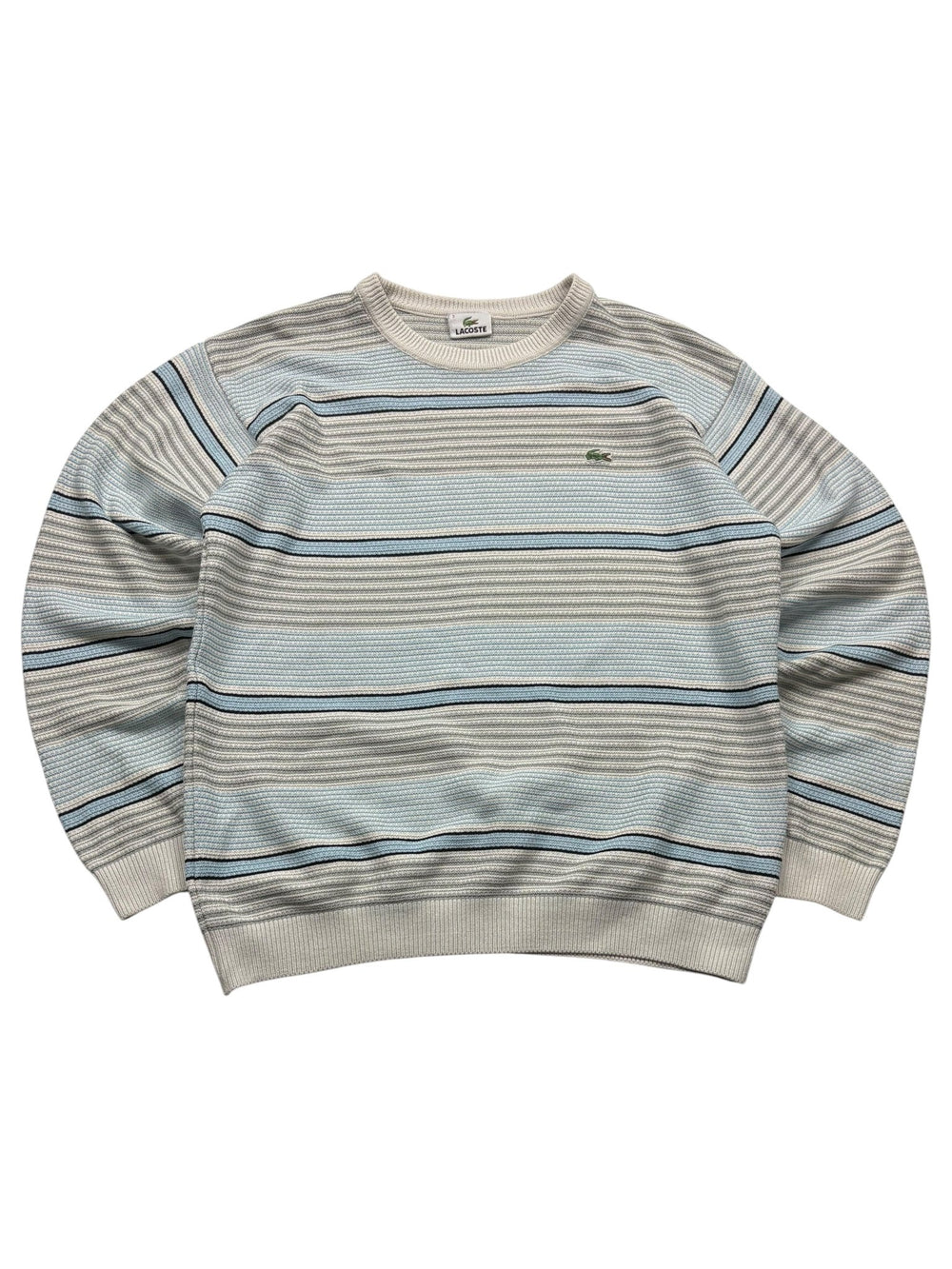 Lacoste Streifenstrick Vintage Strickpullover – Grau/Light Blue (S) - PKeyVintage
