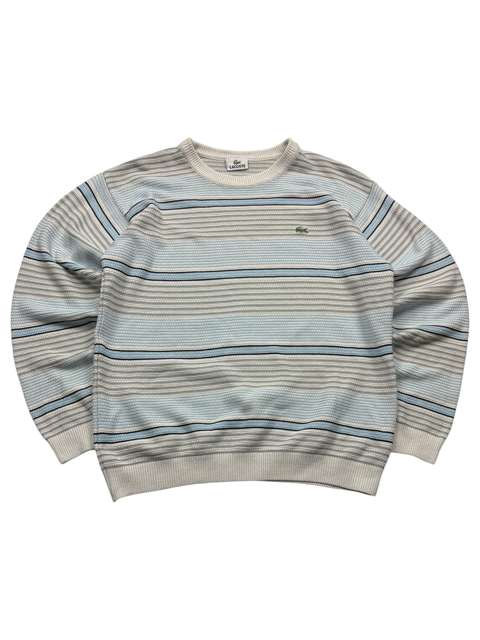 Lacoste Streifenstrick Vintage Strickpullover – Grau/Light Blue (S) - PKeyVintage