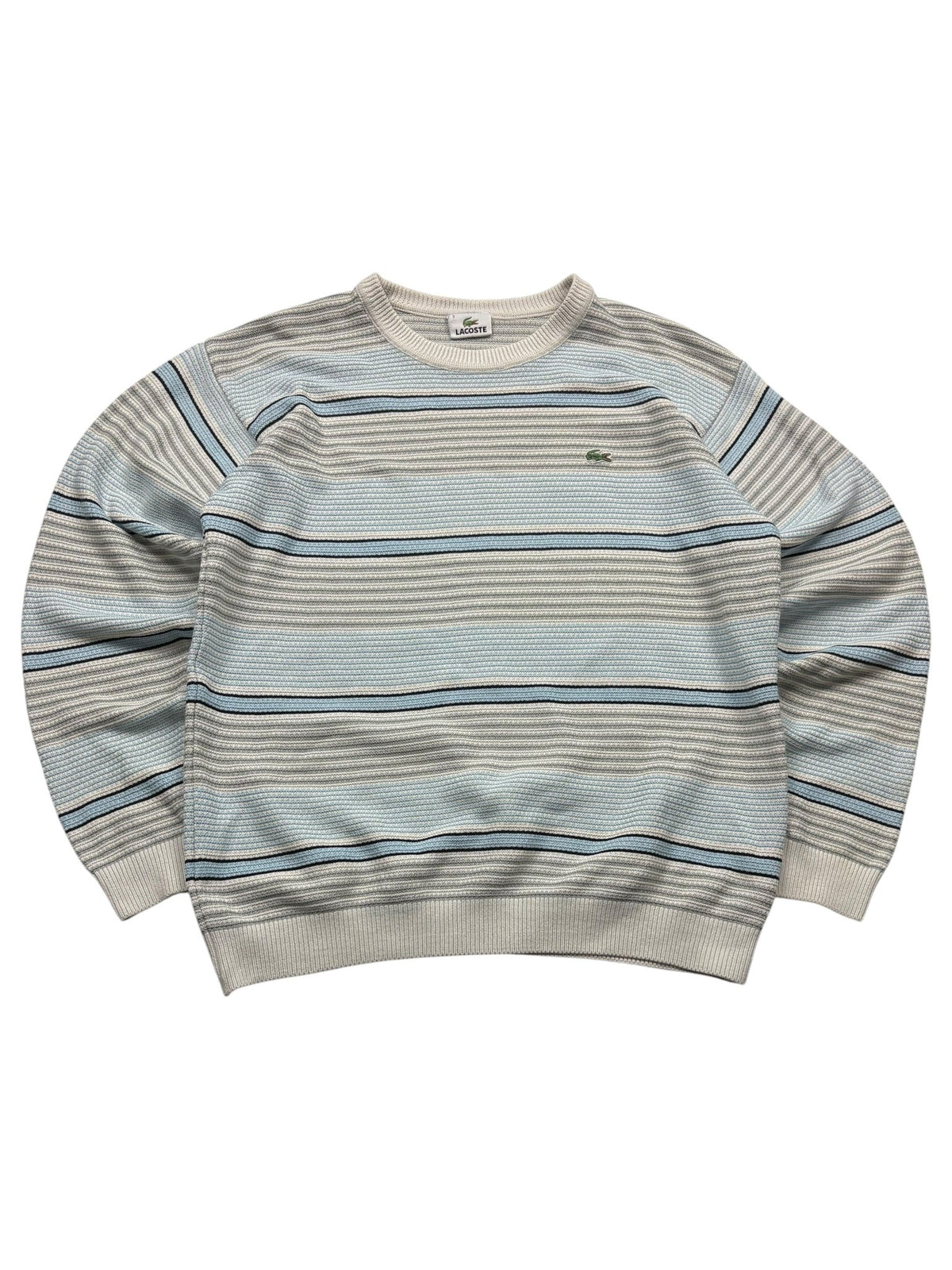 Lacoste Streifenstrick Vintage Strickpullover – Grau/Light Blue (S) - PKeyVintage