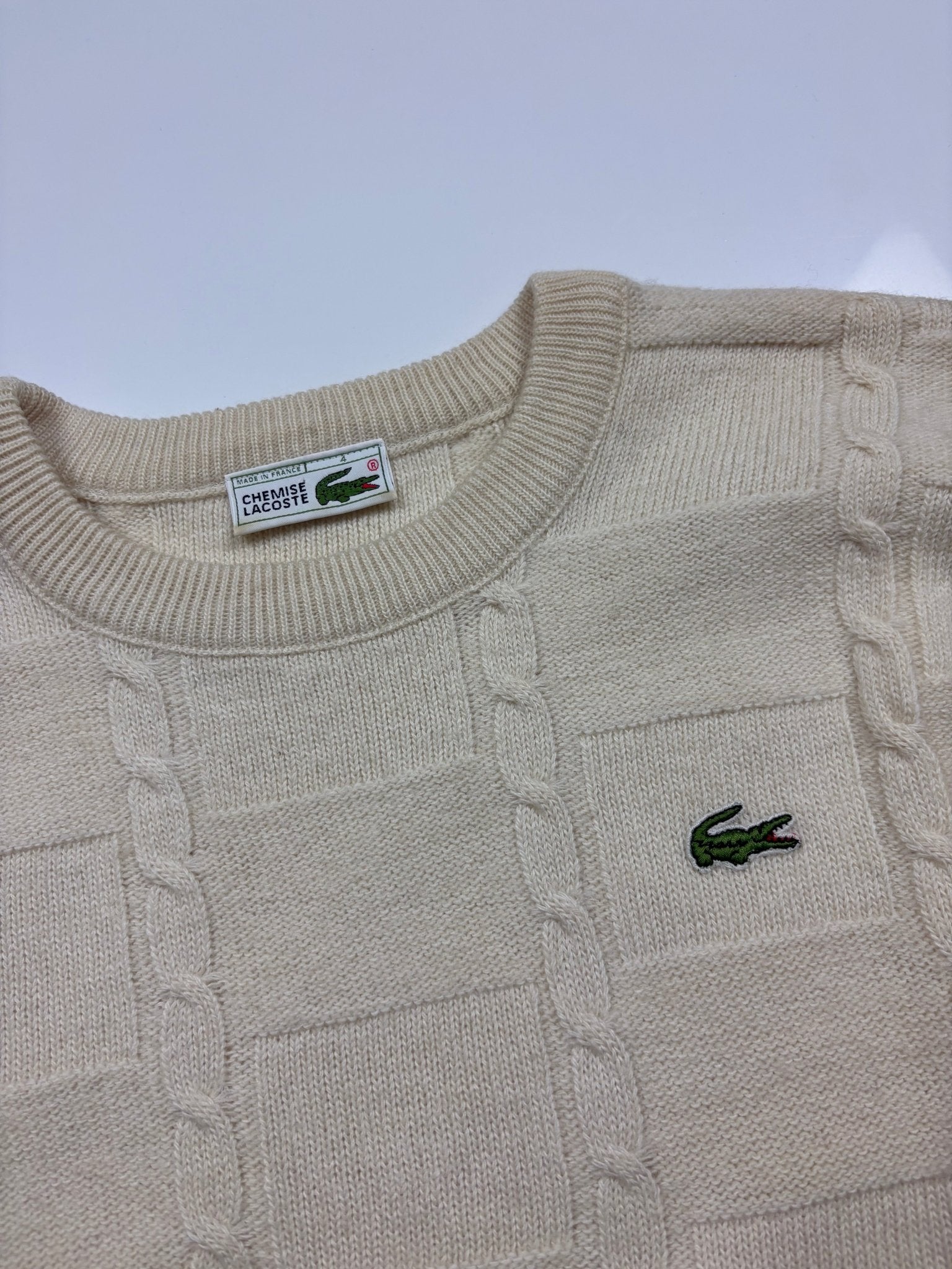 Lacoste Strukturstrick Vintage Strickpullover Zopfdetails – Creme (L) - PKeyVintage