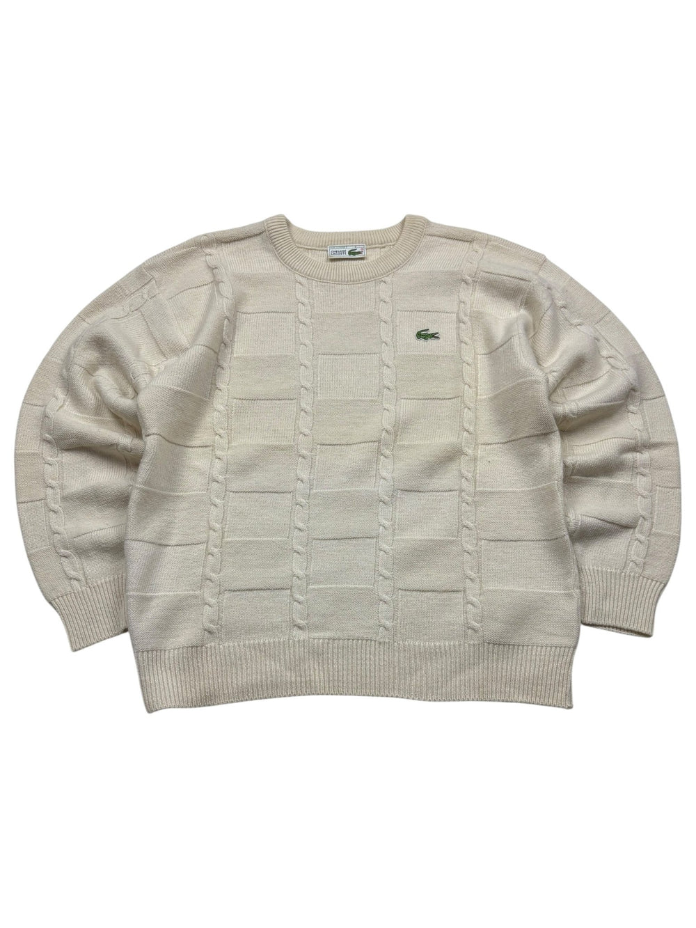 Lacoste Strukturstrick Vintage Strickpullover Zopfdetails – Creme (L) - PKeyVintage