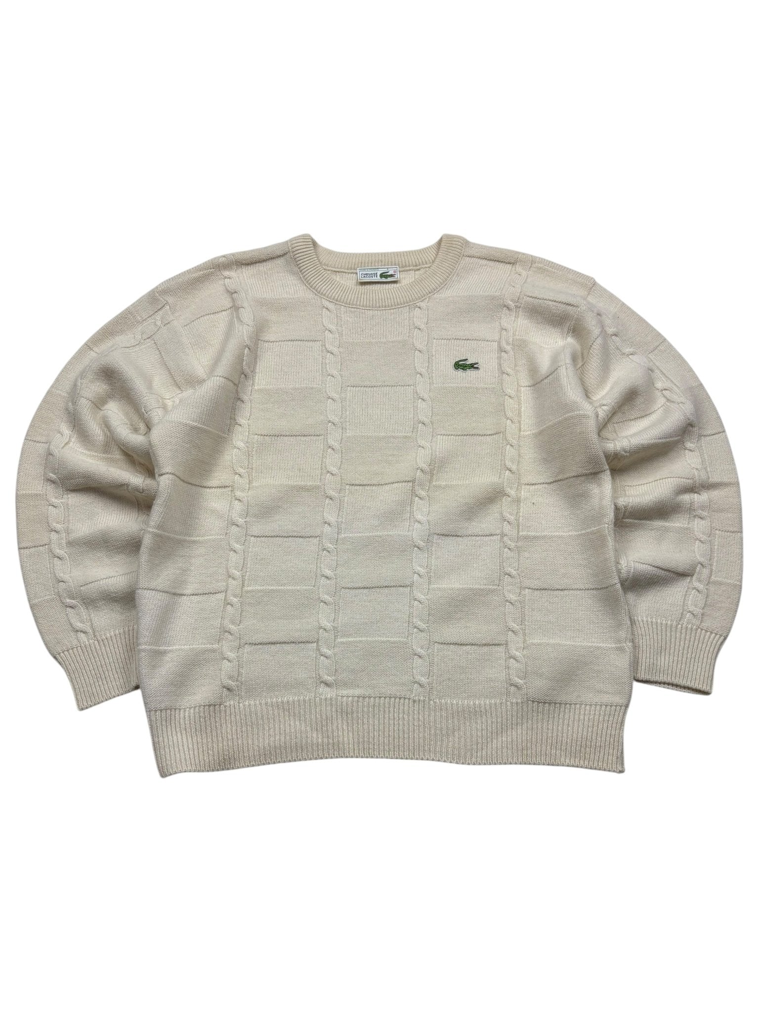 Lacoste Strukturstrick Vintage Strickpullover Zopfdetails – Creme (L) - PKeyVintage