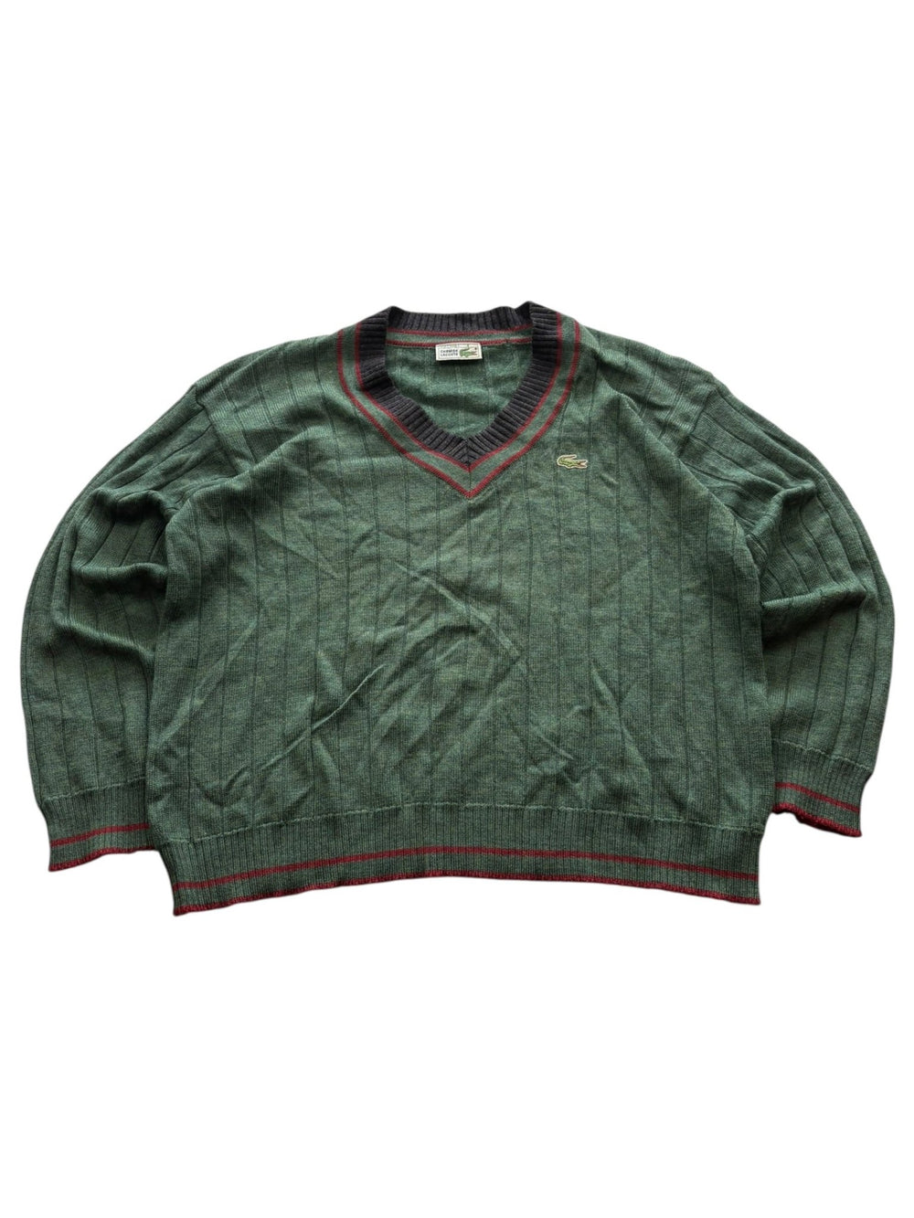 Grüner Lacoste Vintage Strickpullover mit V-Ausschnitt, Croc-Logo und kontrastierenden Rippbündchen