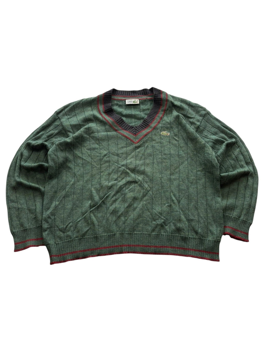 Grüner Lacoste Vintage Strickpullover mit V-Ausschnitt, Croc-Logo und kontrastierenden Rippbündchen