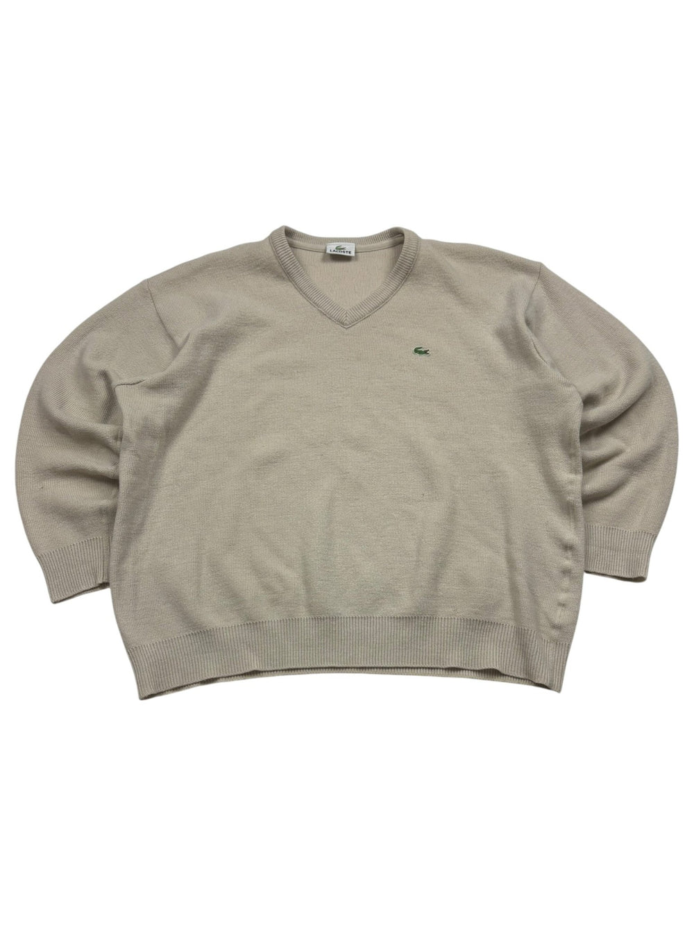 Beiger Lacoste V-Neck Vintage Strickpullover in Größe M, Vorderansicht