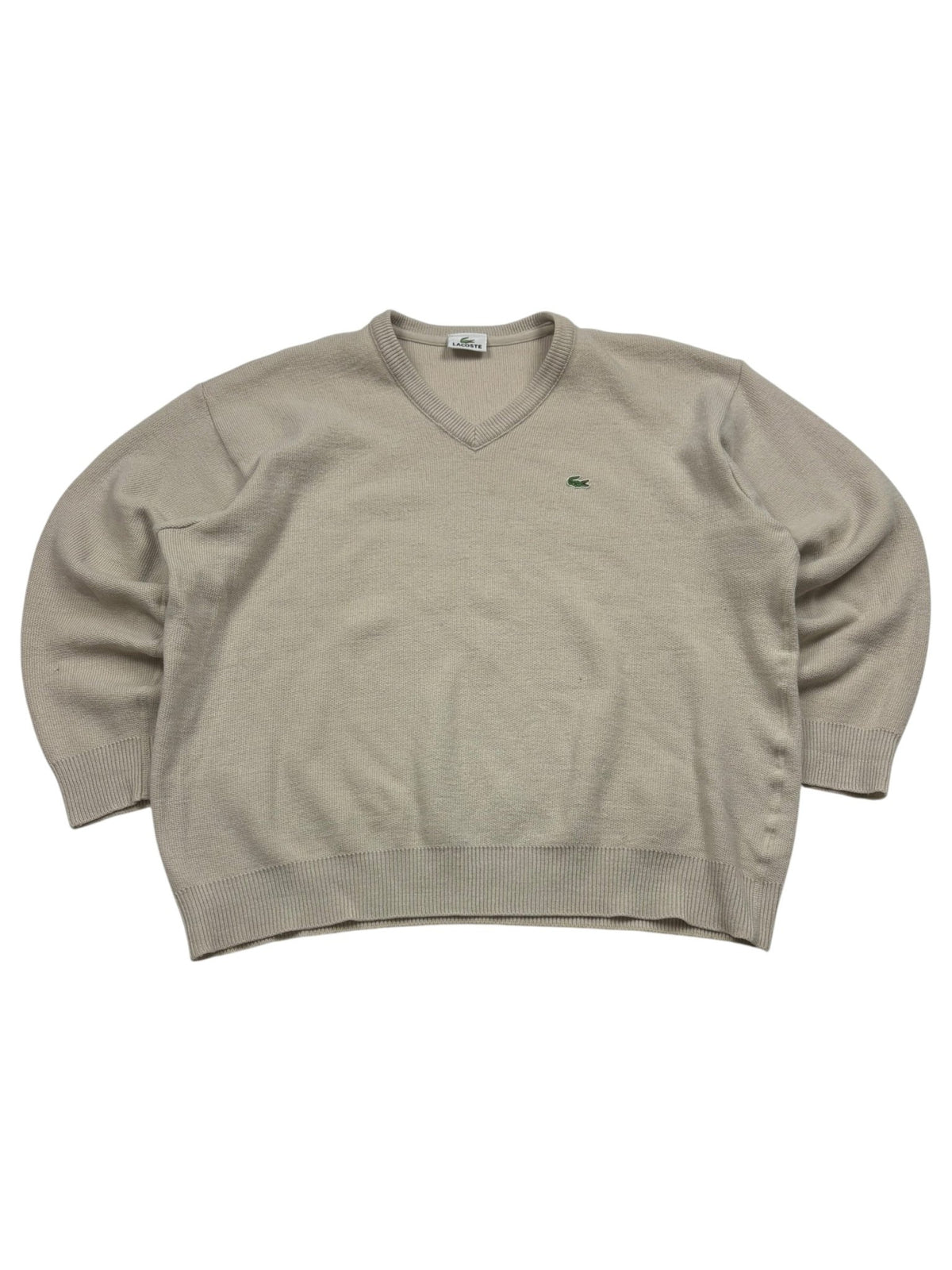 Beiger Lacoste V-Neck Vintage Strickpullover in Größe M, Vorderansicht