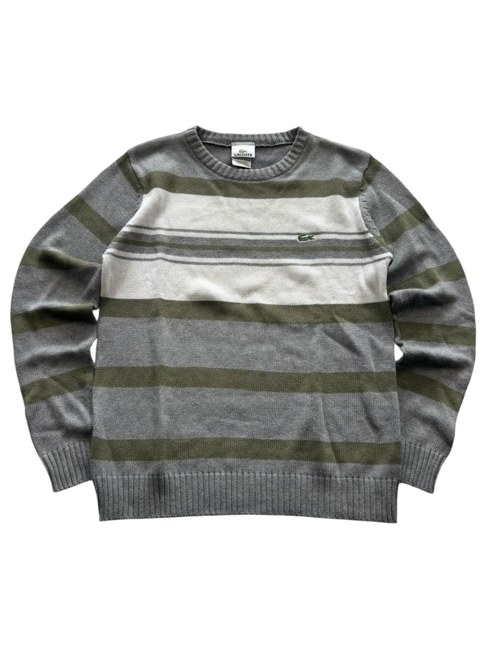 Grauer Lacoste Vintage Strickpullover mit Streifen, Brustpanel und Krokodil-Logo