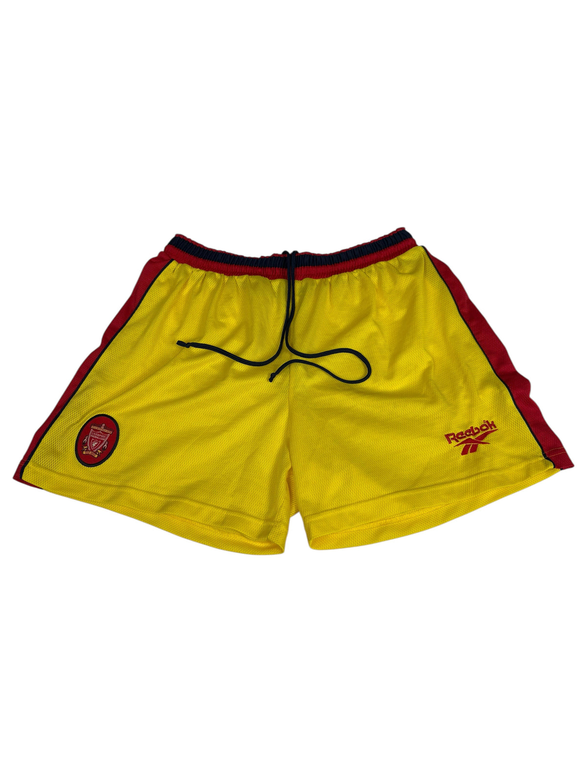 Liverpool FC Reebok 90s Vintage Fußballshorts in Gelb/Rot – Gesamtansicht