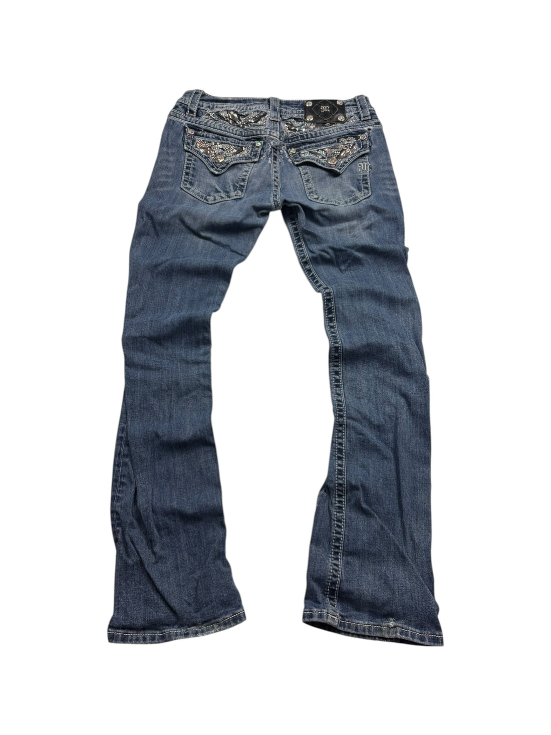 Vintage Miss Me Damen Jeans Größe 29 Strass Flap Pockets Hellblau Y2K Secondhand PkeyVintage