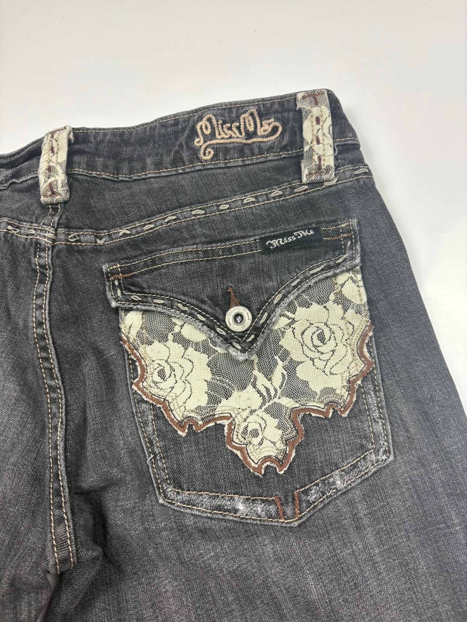 Miss Me Lace - Pocket Y2K Vintage Flared Bootcut Jeans – Grau (30) - PKeyVintage