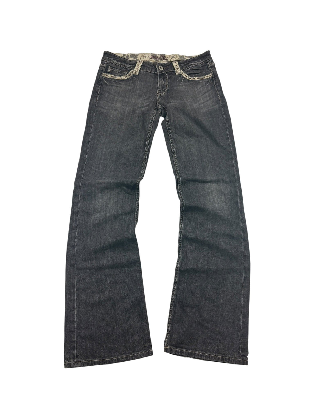 Miss Me Lace-Pocket Y2K Vintage Bootcut Jeans in Grau – Vorderansicht