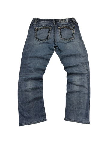 Miss Me Slim Bootcut Jeans Blau Größe 31 – Rückansicht mit dunkler Taschenborte und Miss Me Stitching