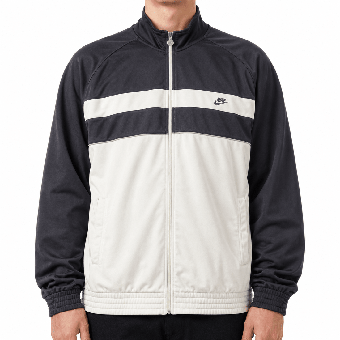 Nike Bruststreifen Y2K Vintage Trackjacket - Schwarz/Creme (L) - PKeyVintage