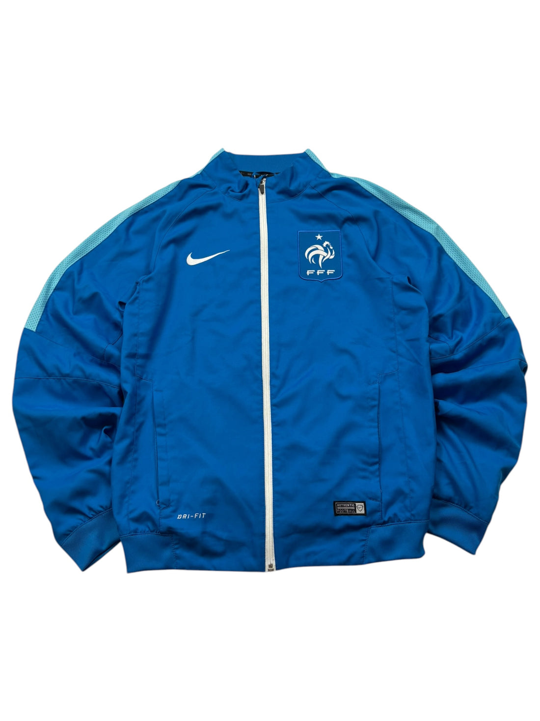 Nike Frankreich Trackjacket Blau Größe S – Frontansicht mit FFF-Wappen, weißem Swoosh und Reißverschluss