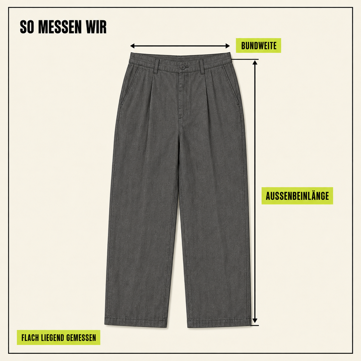 Dunkle Jeans mit Maßbändern für Bundweite und Außenbeinlänge