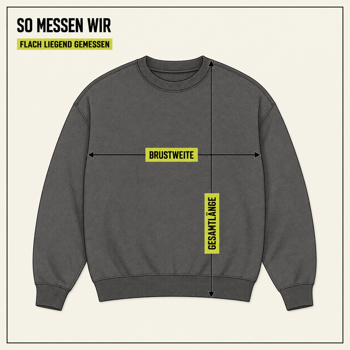 Dunkelblauer Pullover mit Maßbändern für Brustweite und Länge