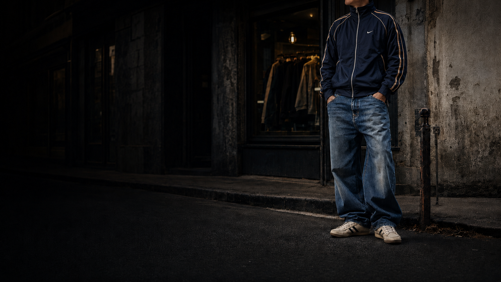 Vintage Streetwear Outfit mit dunkelblauer Trainingsjacke, Baggy Jeans und weißen Sneakern in urbaner Nachtkulisse