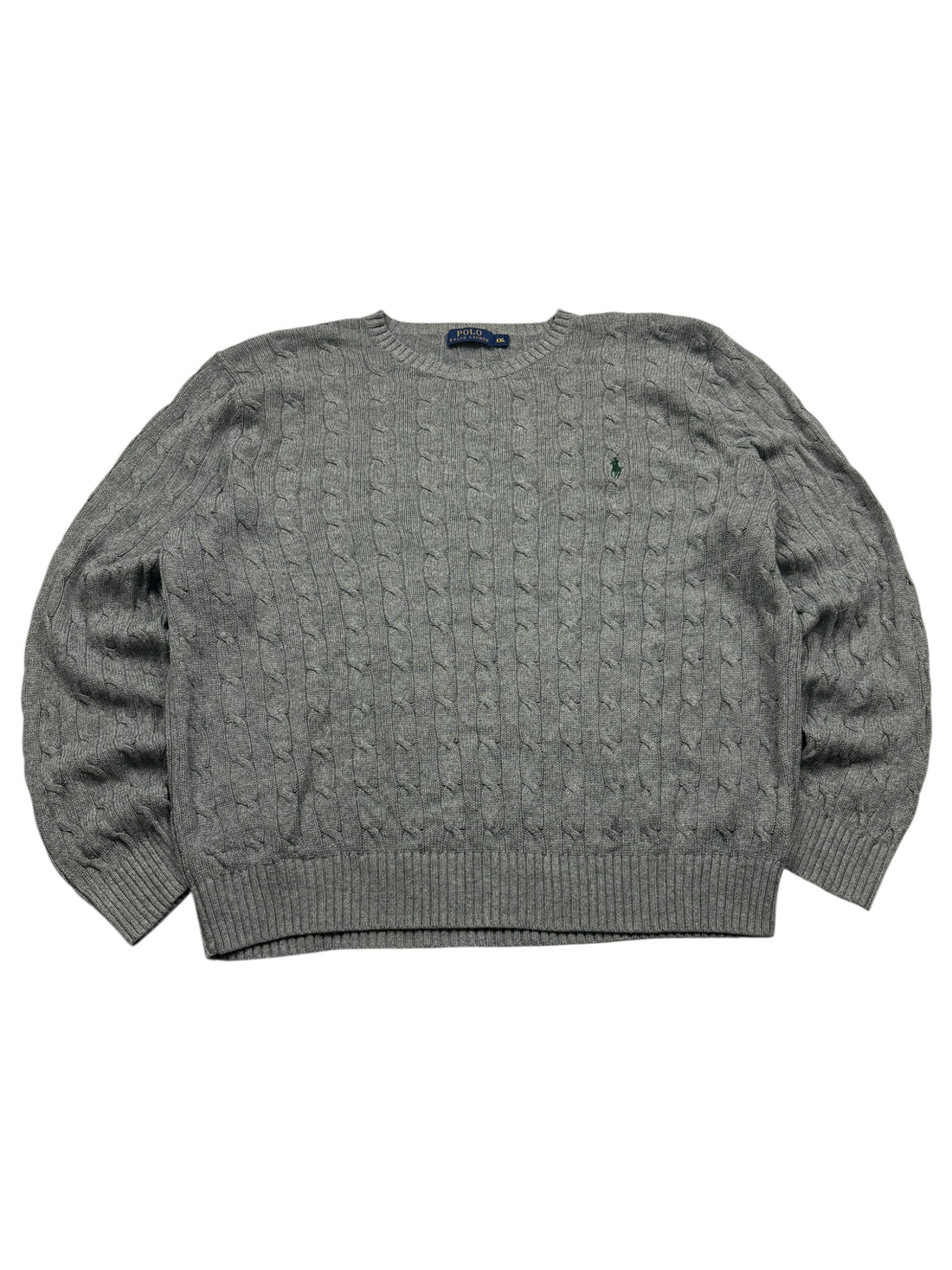  Polo Ralph Lauren Strickpullover Grau Größe XXL – Frontansicht mit Zopfmuster und Brustlogo