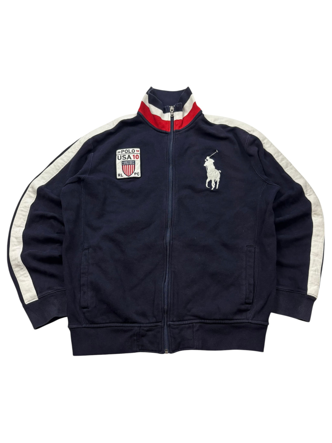 Polo Ralph Lauren Zip-Jacke Navy Größe L – Frontansicht mit Big Pony, USA-Patch und Schulterstreifen