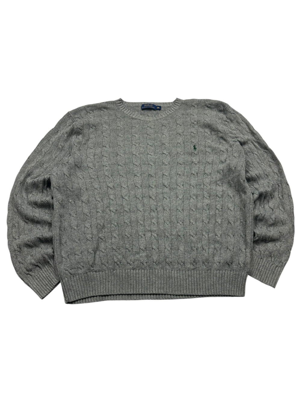 Grauer Polo Ralph Lauren Cable-Knit Vintage Strickpullover mit Zopfmuster und Brustlogo