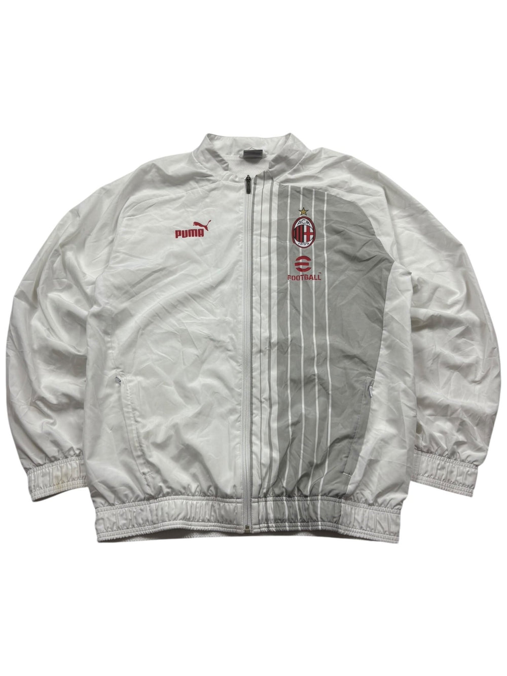 Puma AC Mailand Vintage Trackjacket Weiß/Grau/Rot Größe M Frontansicht mit Wappen und Puma-Logo