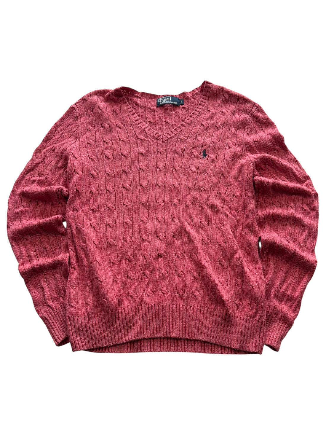 Ralph Lauren Strickpullover Rot – Frontansicht mit V-Ausschnitt Zopfstrick und Brustlogo