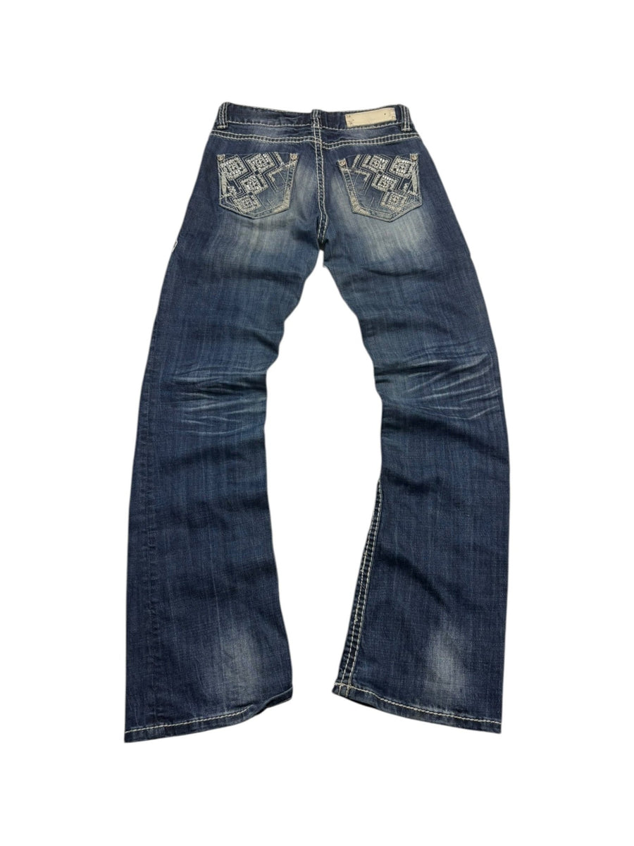 Rock & Roll Kontrastnaht Vintage Bootcut Jeans in Blau – Rückansicht