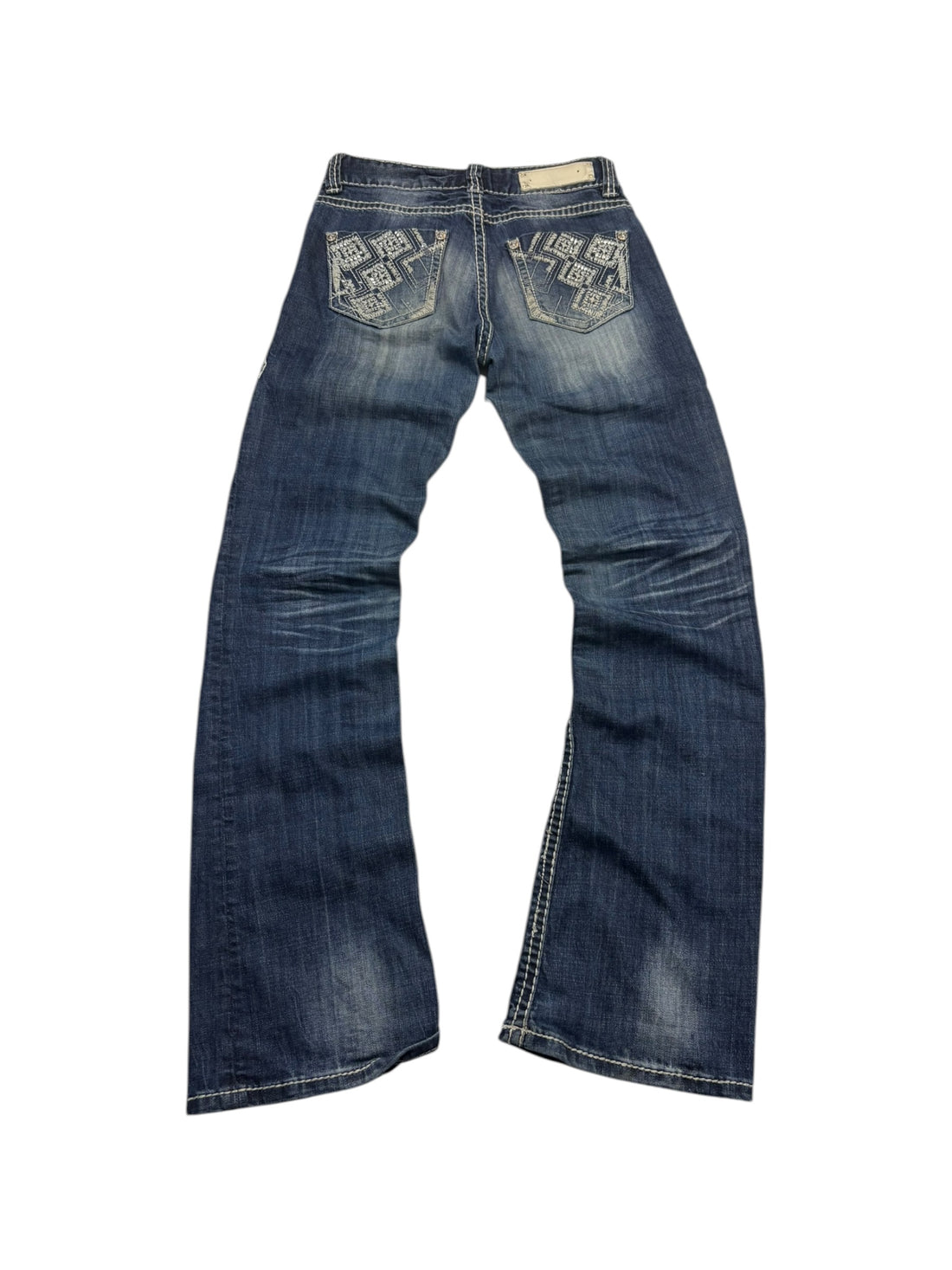 Rock & Roll Mid Rise Jeans Blau 26x32 – Rückansicht mit bestickten Gesäßtaschen und Fade-Optik