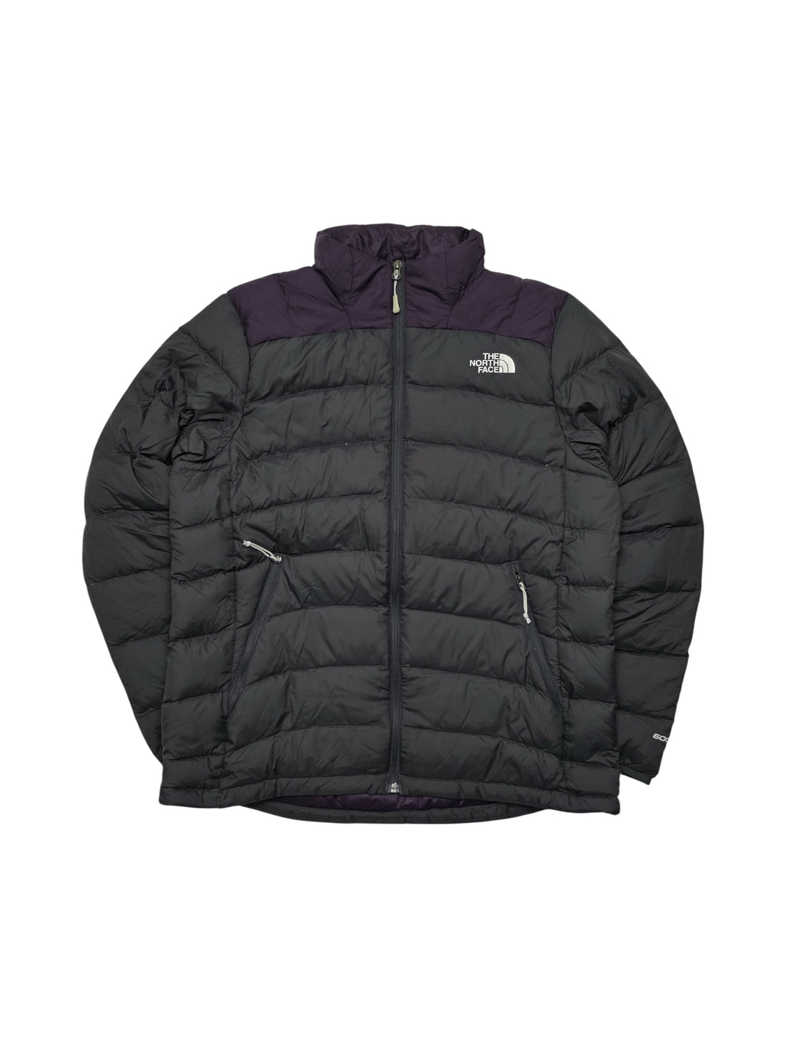 Vintage The North Face 600 Daunenjacke in Schwarz mit lila Details, Vorderansicht