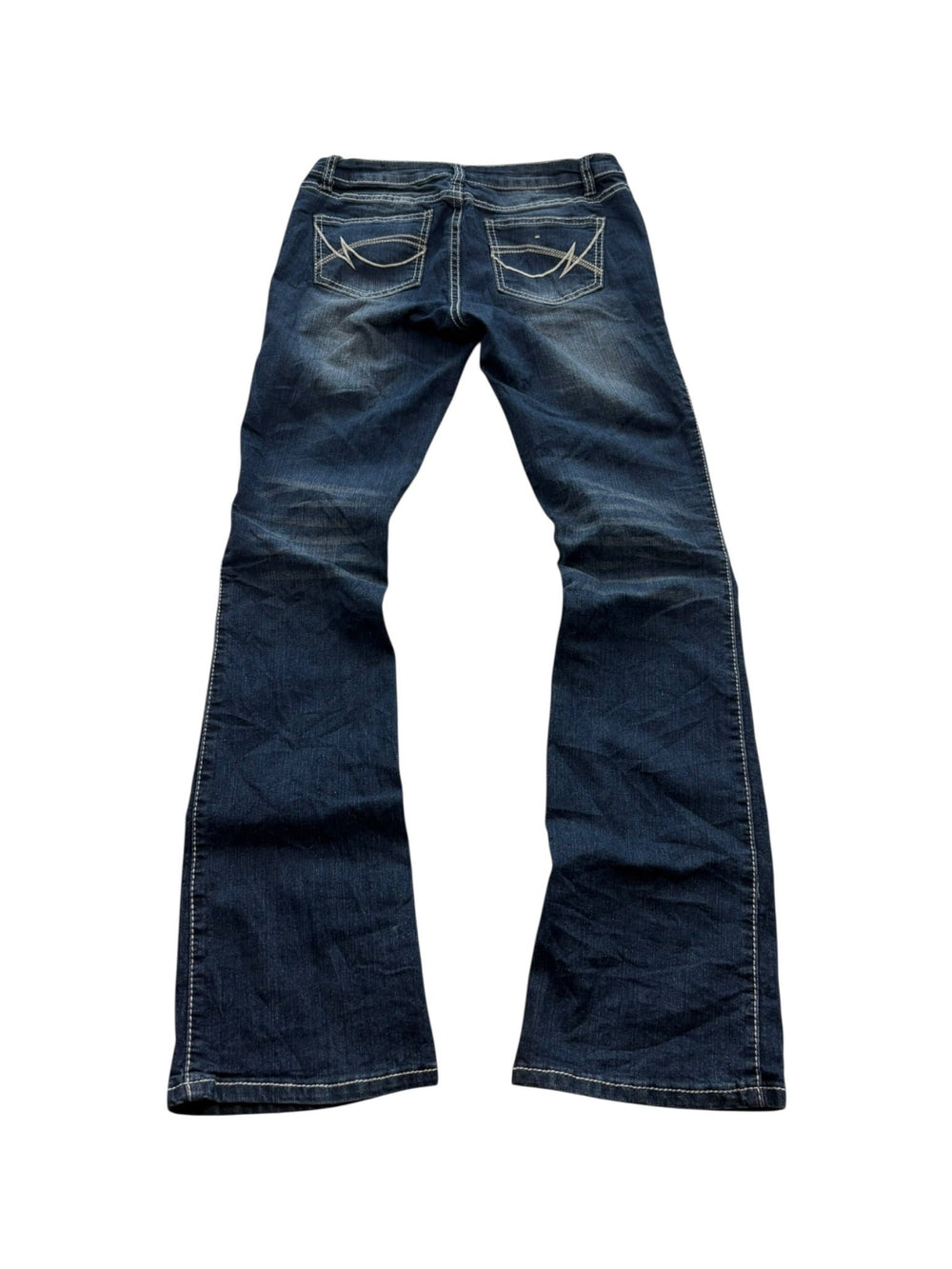 Tokyo Low Rise Bootcut Vintage Jeans in Dunkelblau mit bestickten Gesäßtaschen und Fade-Waschung