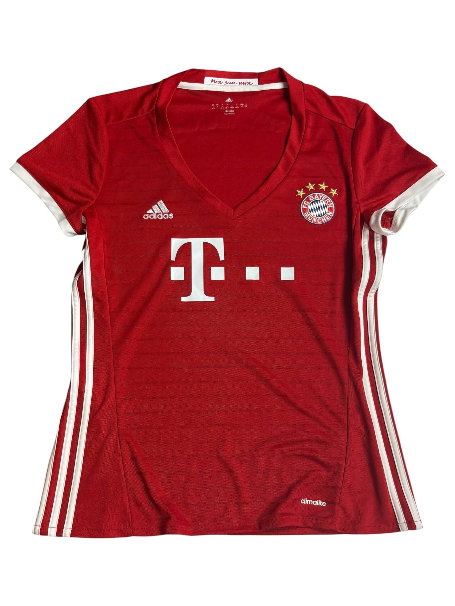 Adidas FC Bayern München Damen Vintage Trikot in Rot Frontansicht mit Telekom-Sponsor und Wappen