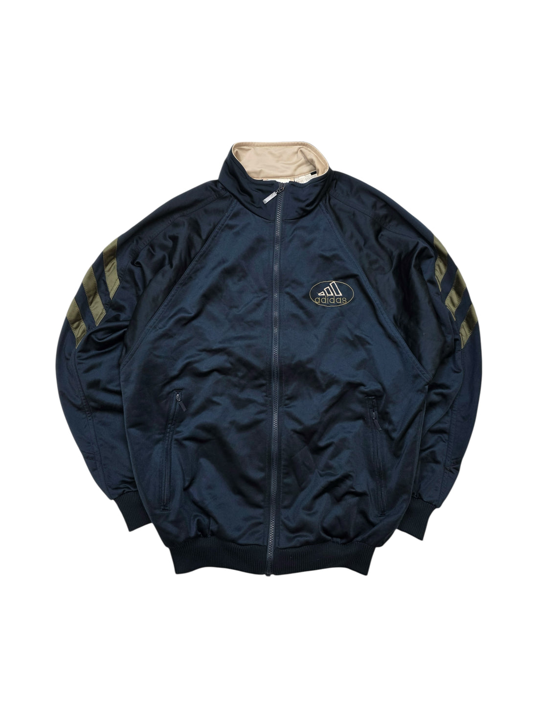 Vintage Adidas Track Jacket Rückenlogo Dunkelblau Beige Größe S – Frontansicht