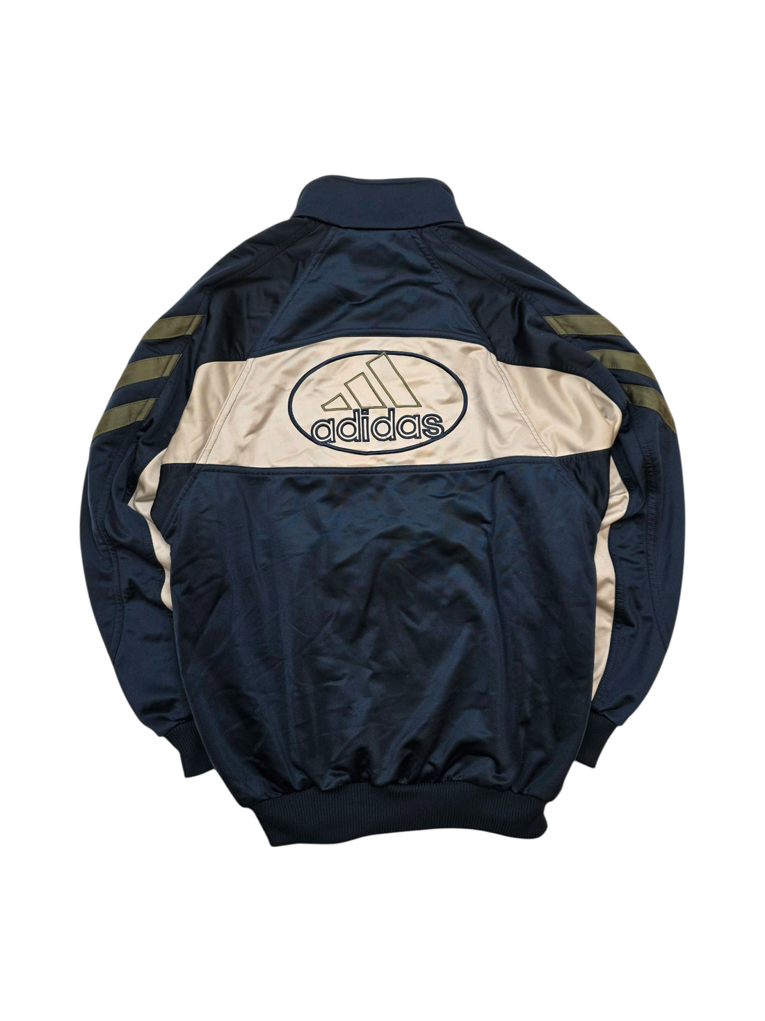 Vintage Adidas Track Jacket Rückenlogo Dunkelblau Beige Größe S – Frontansicht