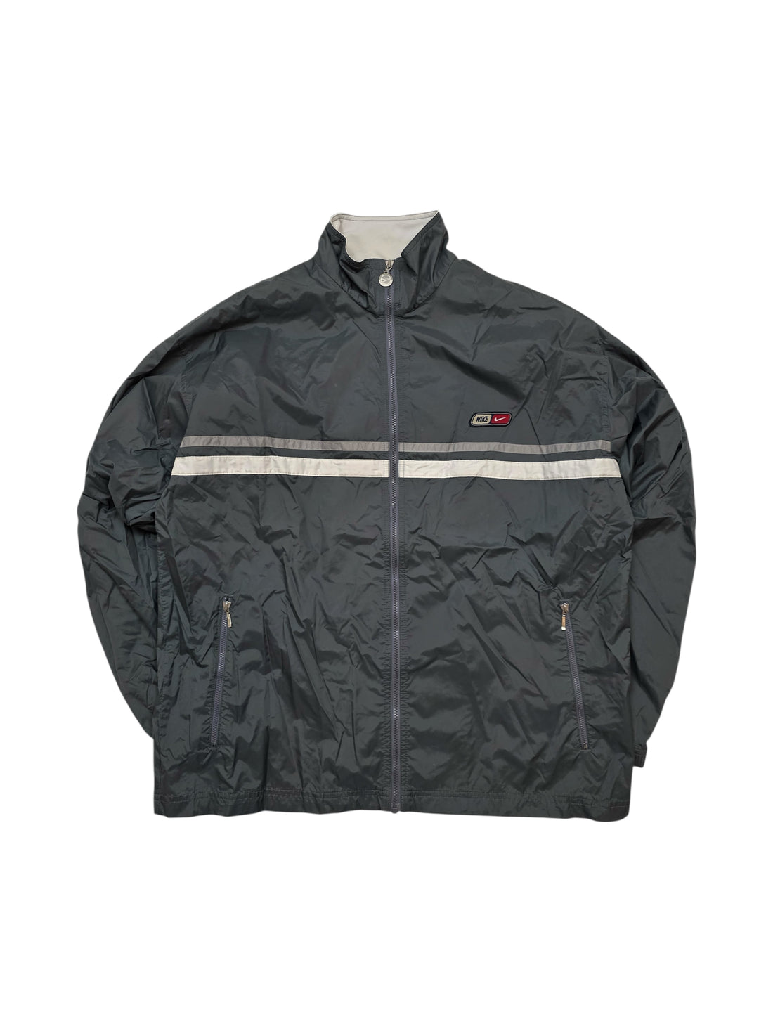 Vintage Nike Track Jacket Reflektorstreifen Grau Größe M – Frontansicht